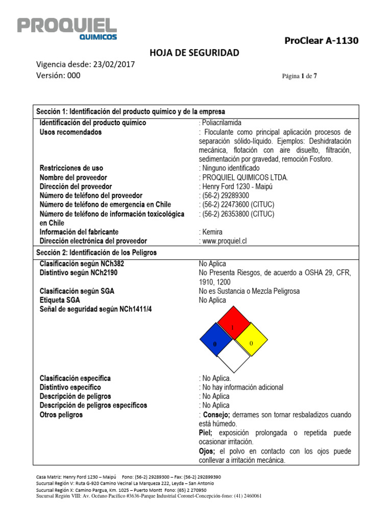 Hoja de Seguridad ProClear A-1130 | PDF | Agua | Toxicidad