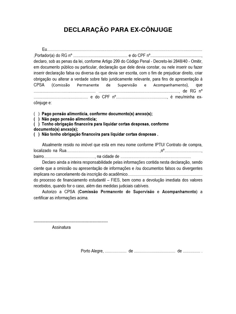 Declaracao para Ex-Companheiro - A - X | PDF | Pensão alimentícia | Justiça