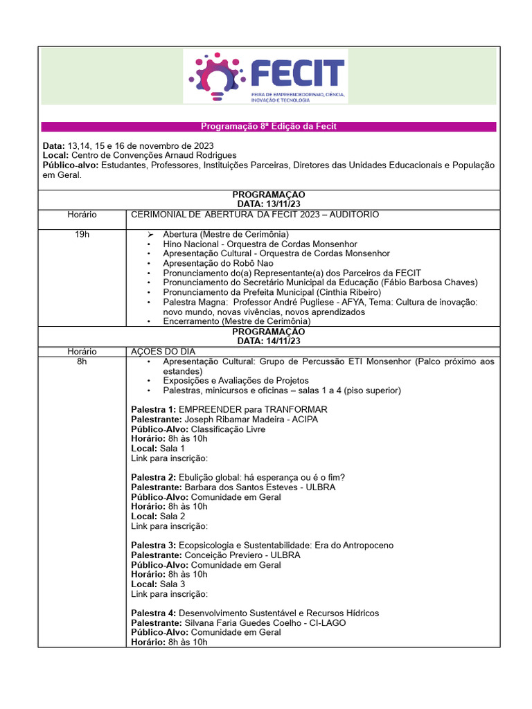Programação da FECIT 2023 | PDF