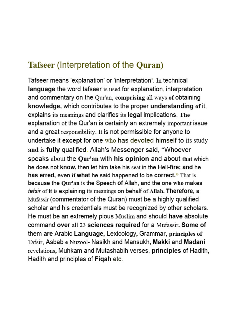 Tafseer of The Quran | PDF | Quran | Islam