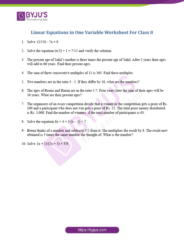 Linear Equations in One Variable Worksheet 3 | PDF