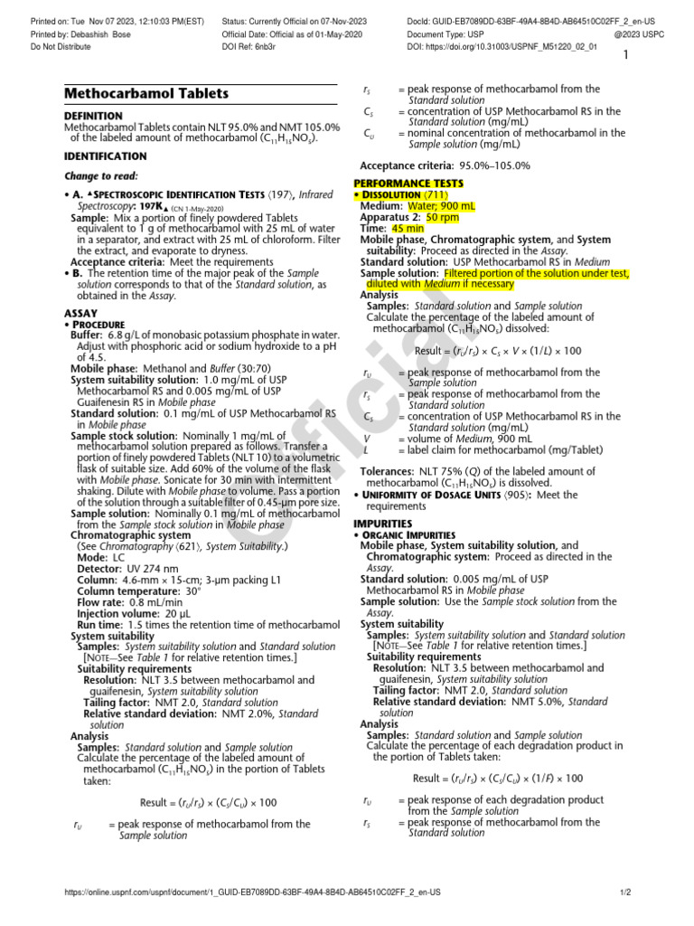 Methocarbamol Tablets USP PDF Chromatography Elution
