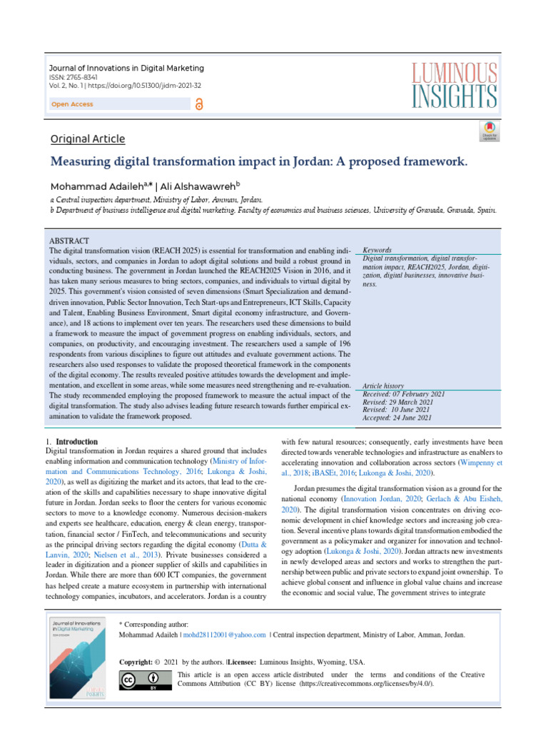 Measuring Digital Transformation Impact in Jordan PDF Innovation