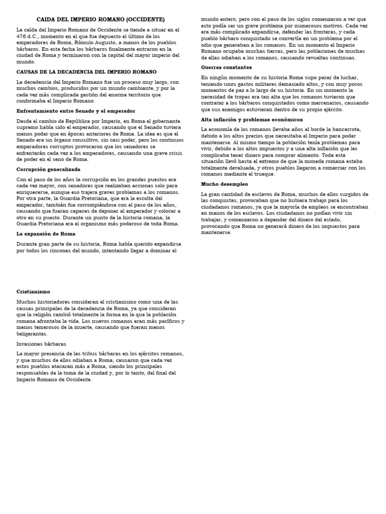 Hojas De Trabajo Sobre La Caída De Roma En Formato Pdf Las Causas De