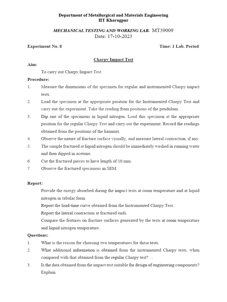 Charpy Impact Test Lab Guide | PDF | Technology & Engineering