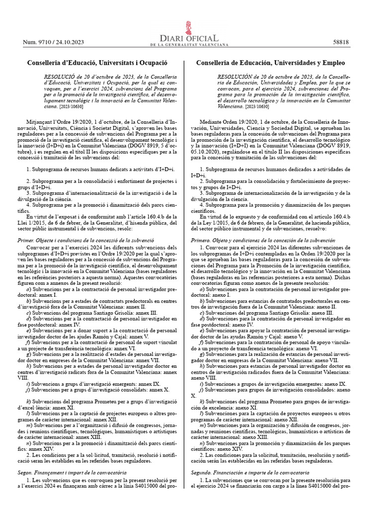 Subvenciones I+D+i 2024 Comunitat Valenciana | PDF
