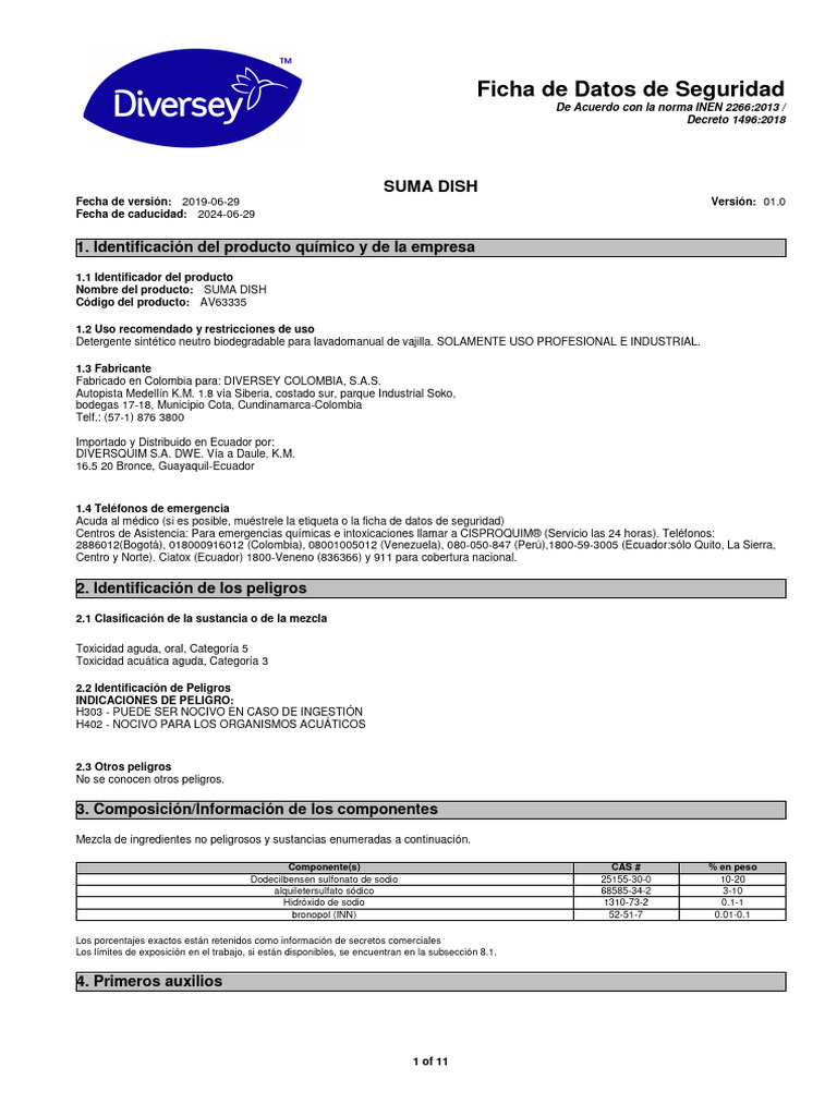 SDS Suma Dish PDF Agua Higiene Ocupacional