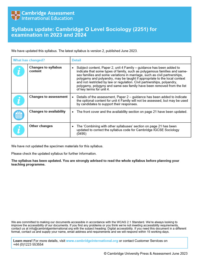 Cambridge O Level Sociology Syllabus 2025 | PDF | Family | Accessibility