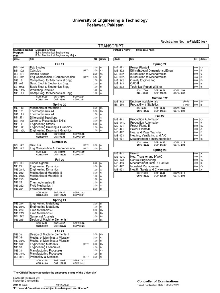 UET Peshawar Mechanical Engineering Transcript | PDF | Mechanical ...