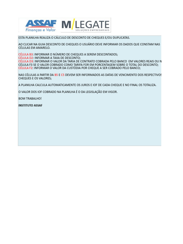 Planilha para Cálculo de Desconto de Cheques | PDF