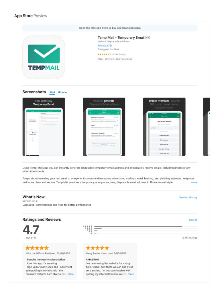 Temp Mail - Temporary Email On The App Store | PDF | Ios | Apple Inc.
