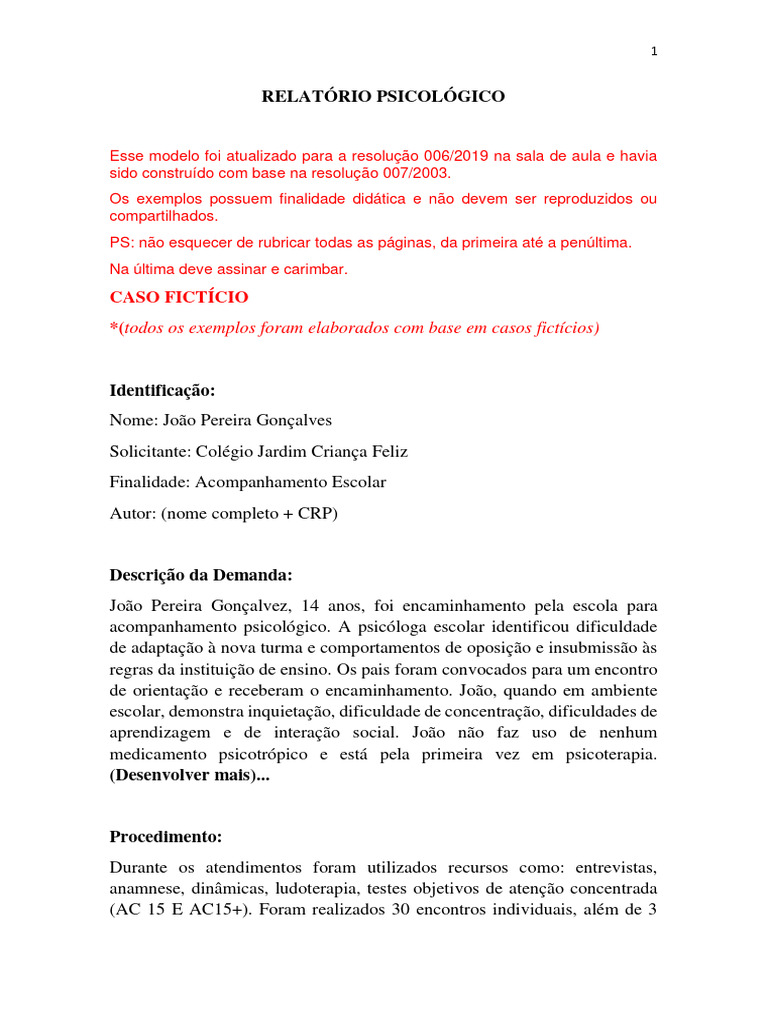 Exemplo de Relatório Psicológico | PDF | Psicologia | Conceitos ...