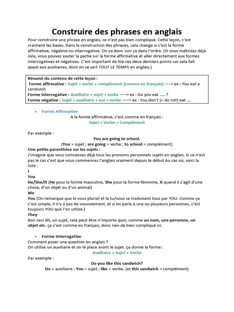 Construire des phrases en anglais | PDF | Sujet (Grammaire) | Verbe