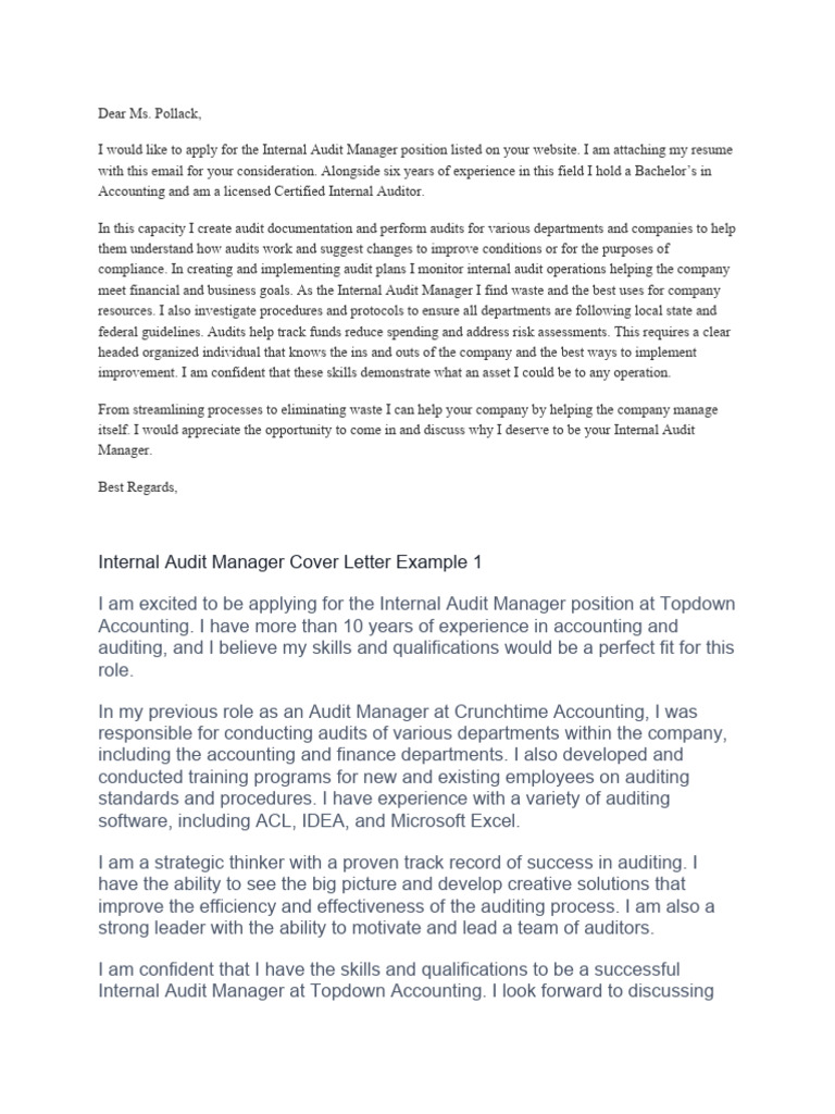 Internal Audit Cover Letter