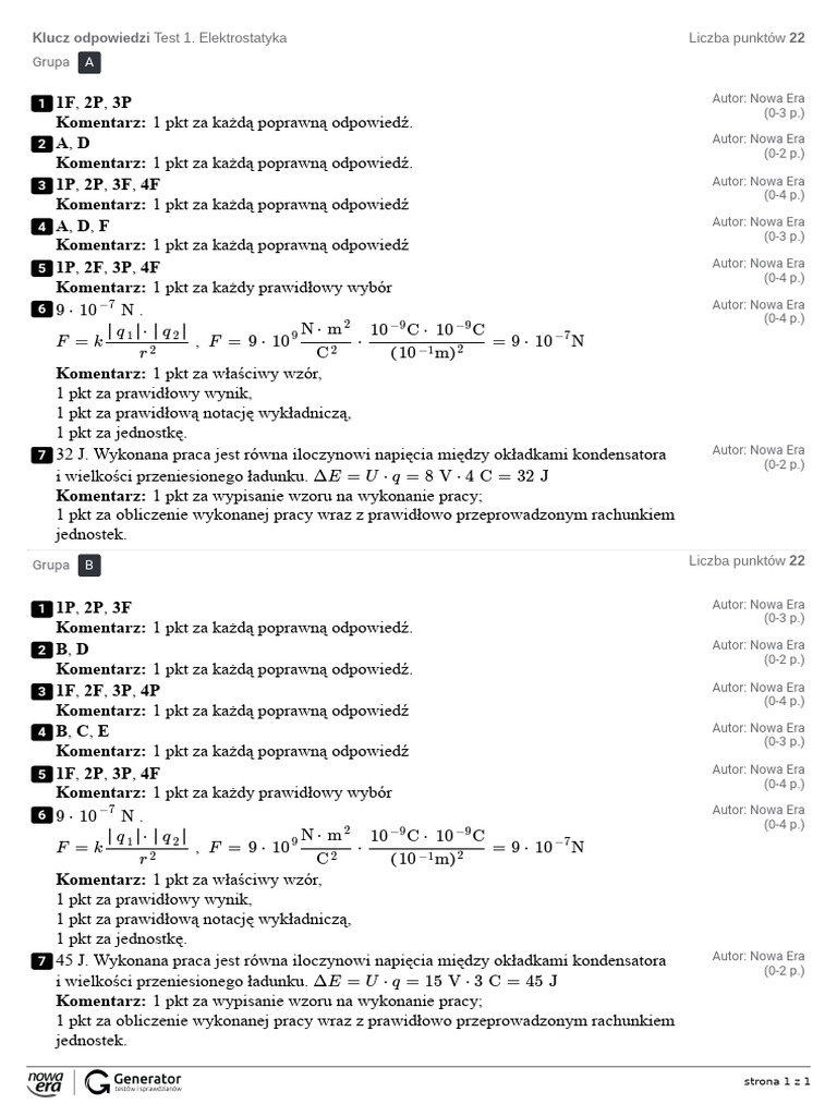 Sprawdzian Fizyka Klasa 3 Elektrostatyka Test 4. Elektrostatyka Klucz Odpowiedzi-1 | PDF