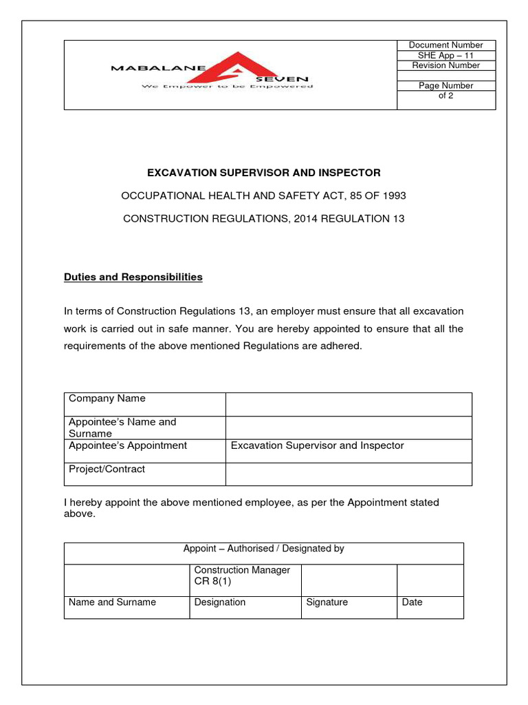 Excavation Supervisor Appointment Letter | PDF