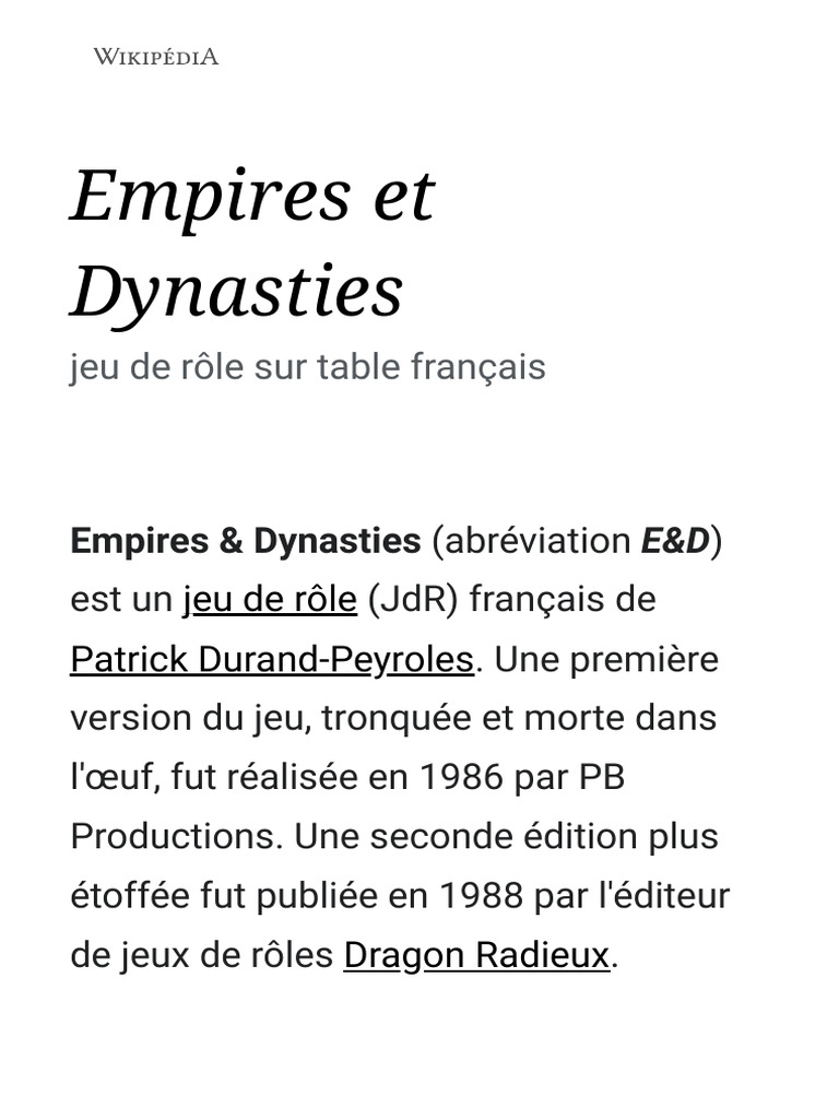 Jeu De Rôle Dragon Radieux Empires & Dynasties 1988 Occasion