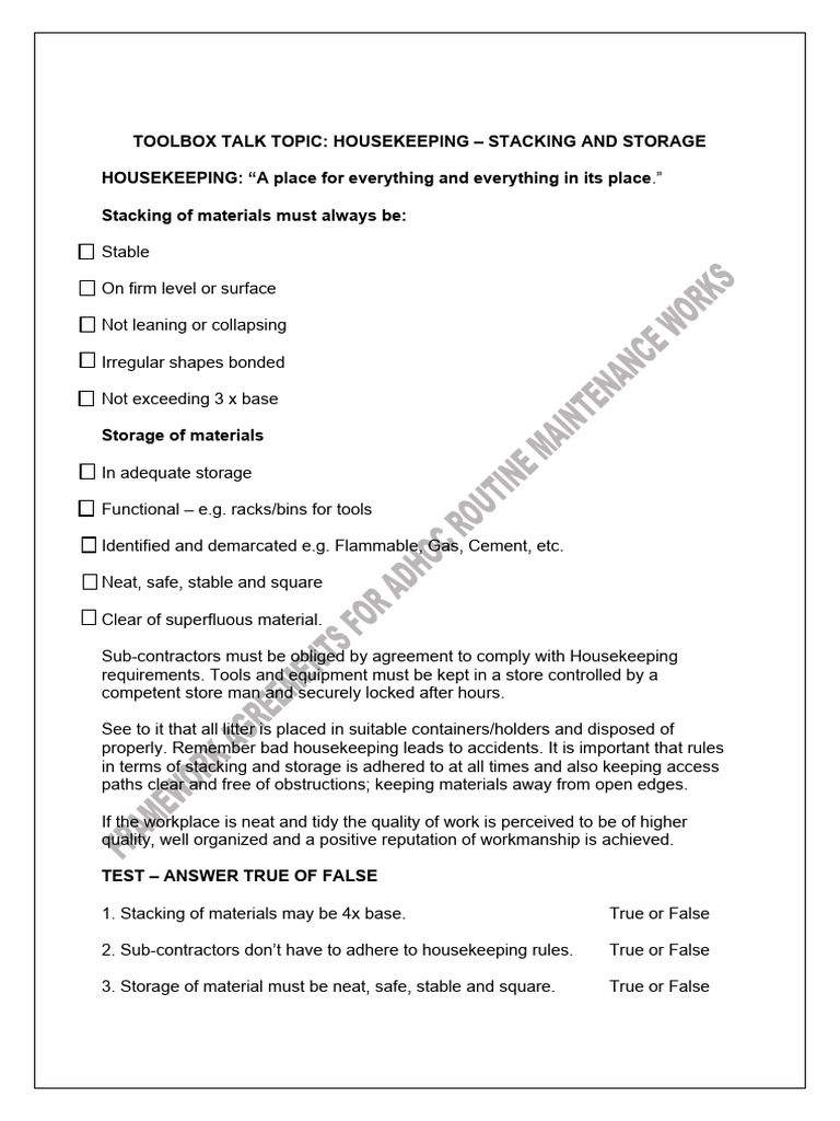 Housekeeping Stacking and Storage PDF