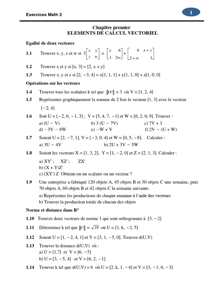 Exercices de Calcul Vectoriel et Matriciel | PDF | Espace vectoriel ...