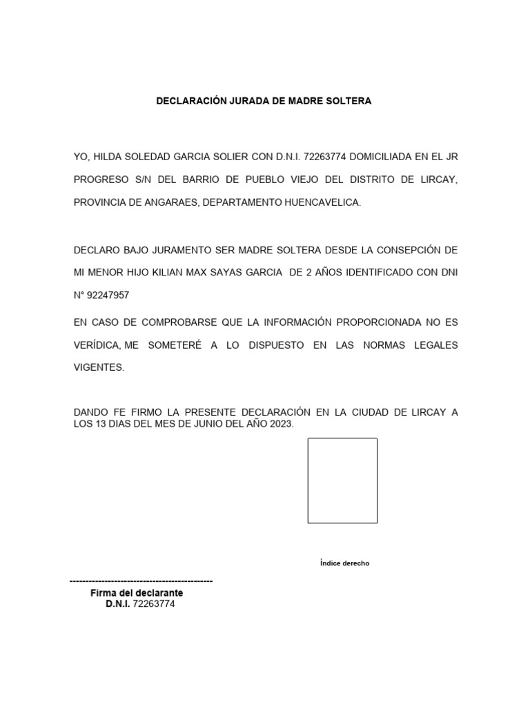 Declaración Jurada de Madre Soltera | PDF | Derecho
