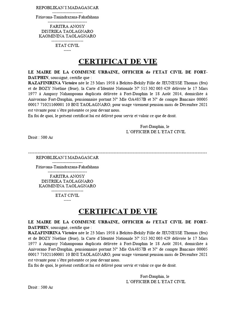 Certificat de Vie PDF Gouvernement et identité Authentification
