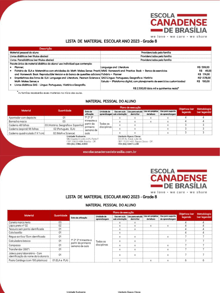 8º Ano - Grade 8 - Lista de Material Escolar l School Material List ...