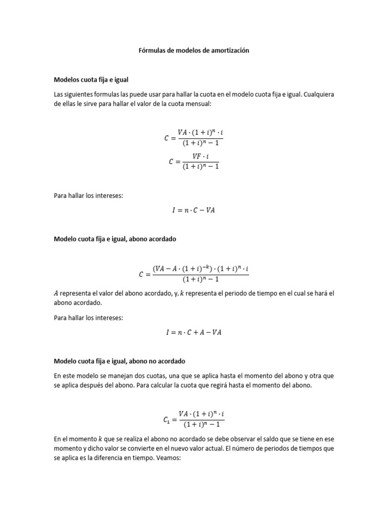 Fórmulas De Modelos De Amortización Pdf