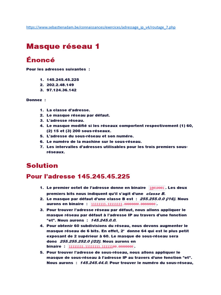 Masques et sous-réseaux IP détaillés | PDF | Adresse IP ...