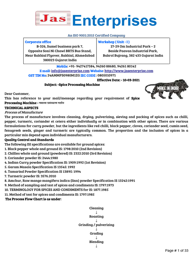 Spice Processing Machine USD | PDF | Mill (Grinding) | Electric Motor