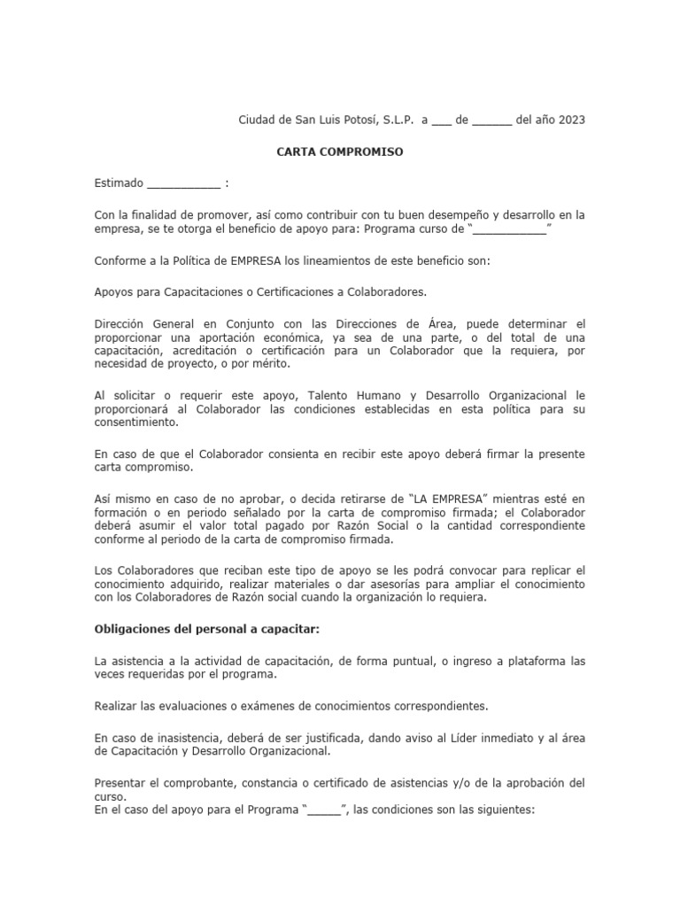 Carta Compromiso de Estudios de Un Empleado | PDF | Business | Economias