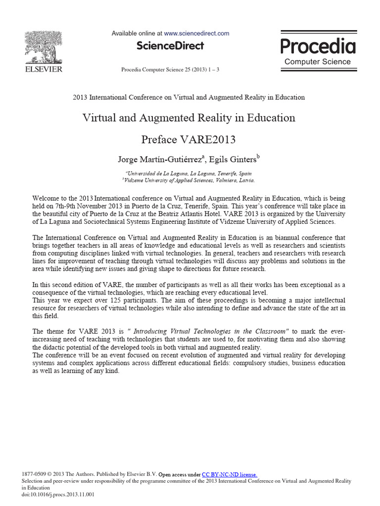Virtual and Augmented Reality in Education Preface VARE2013 | PDF ...