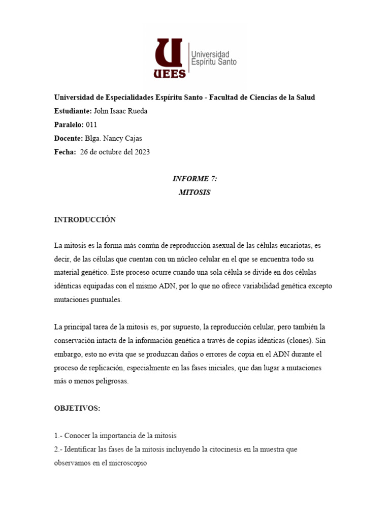 Informe 7 mitosis pdf mitosis biolog a celular 