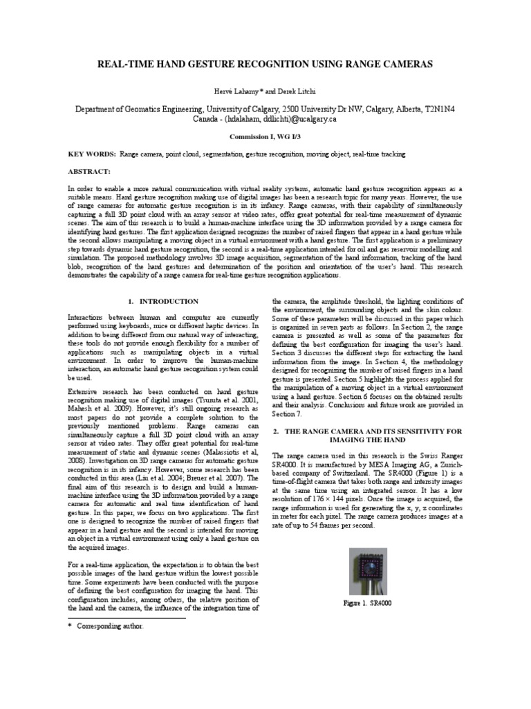 Real-Time Hand Gesture Recognition Using Range Cameras | PDF