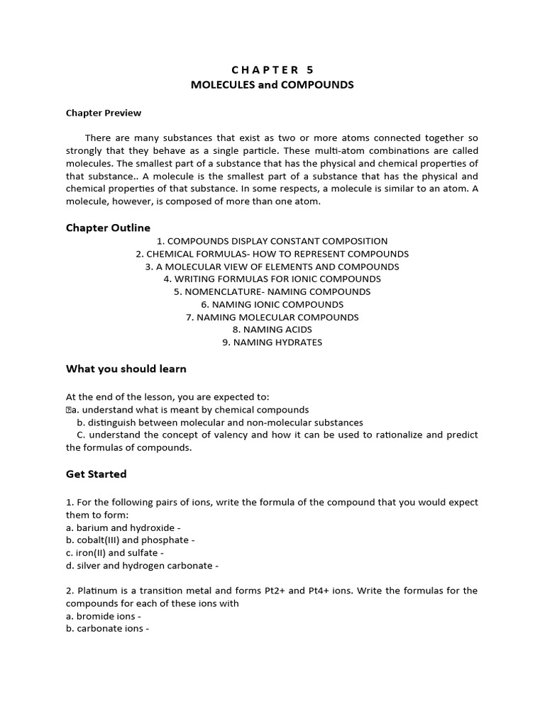 Chapter 5 Molecules and Compounds | PDF | Ion | Chemical Compounds