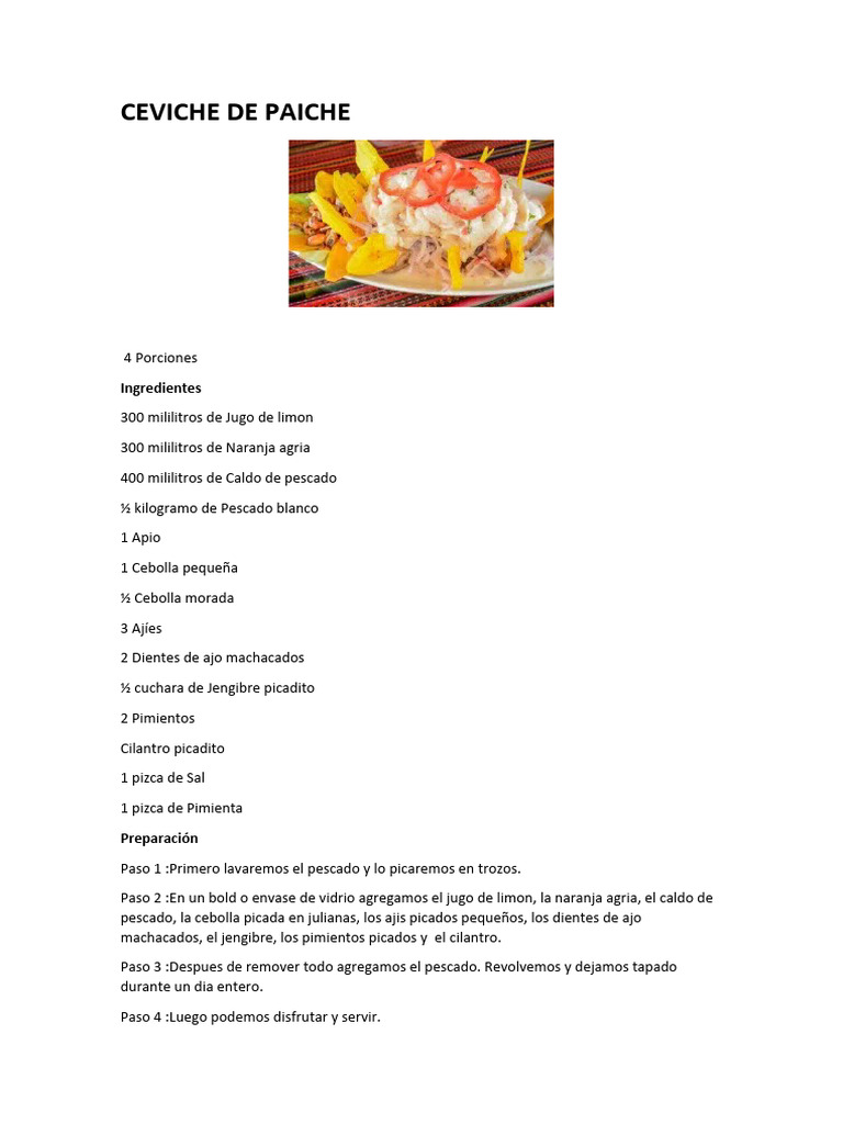 Receta de Ceviche de Paiche | PDF | Cocina, comidas y vino