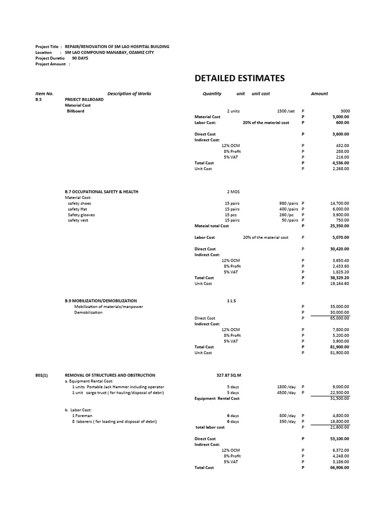 SM Lao Hospital Renovation Cost Estimate | PDF | Carpentry | Concrete