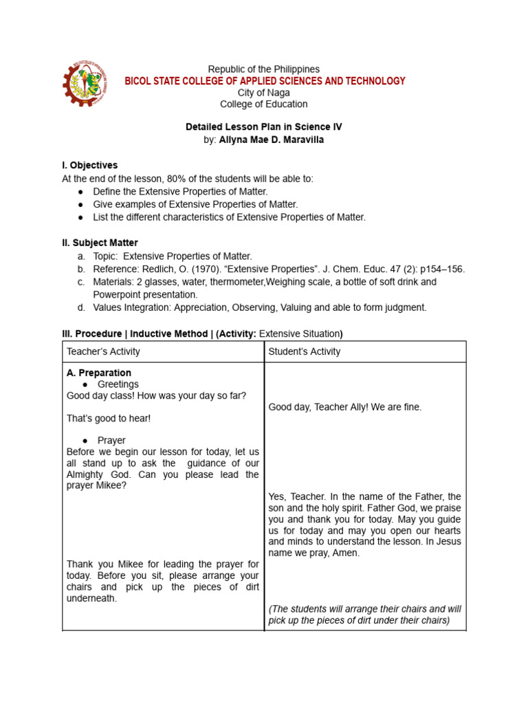Science detailed lesson plan revised pdf weight matter