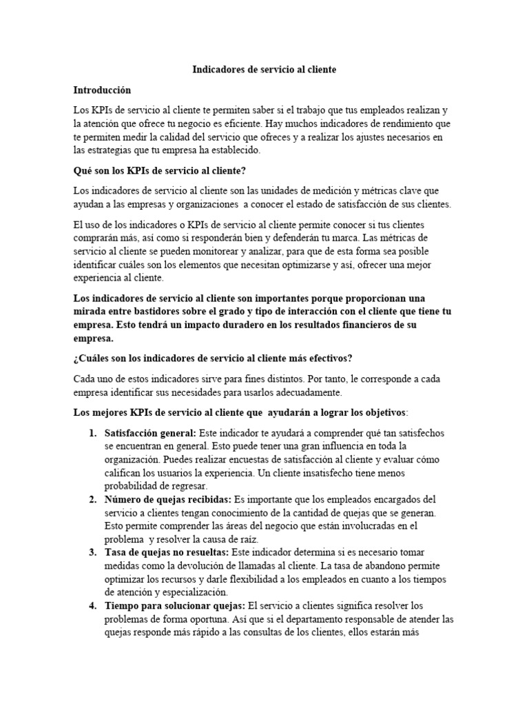 Indicadores de Servicio Al Cliente | PDF | Indicador de rendimiento ...