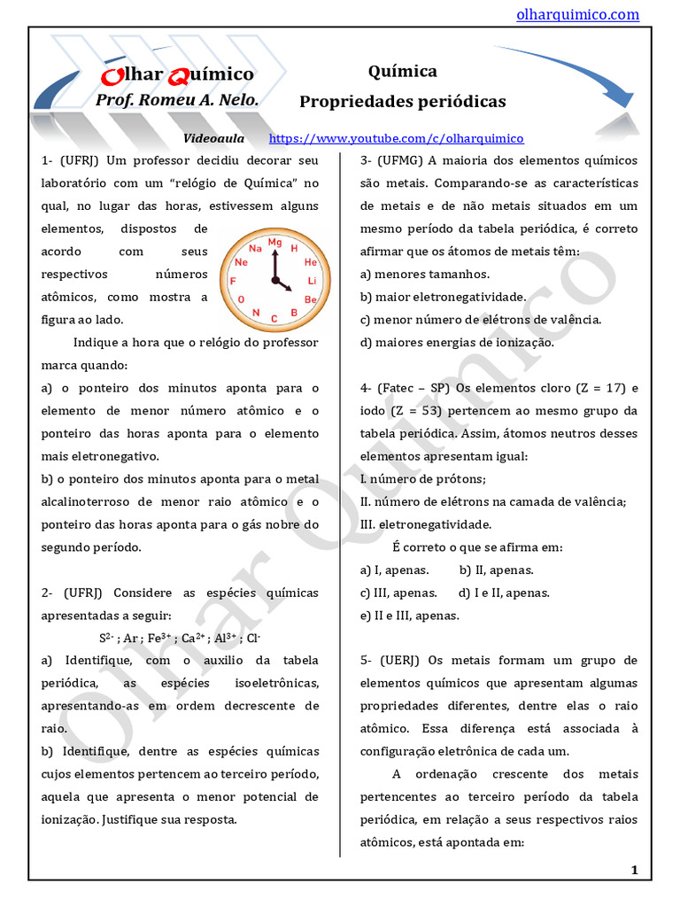 Exercícios sobre Propriedades Periódicas | PDF | Tabela periódica | Química
