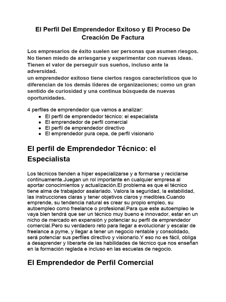 El Perfil Del Emprendedor Exitoso Y El Proceso De Creación De Factura