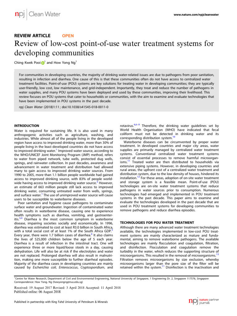 Review of LowCost PointOfUse Water Treatment Systems For Developing