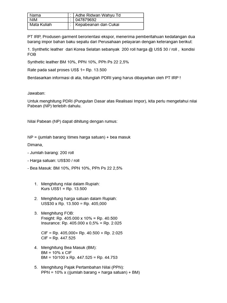 Perhitungan PDRI untuk PT IRP | PDF