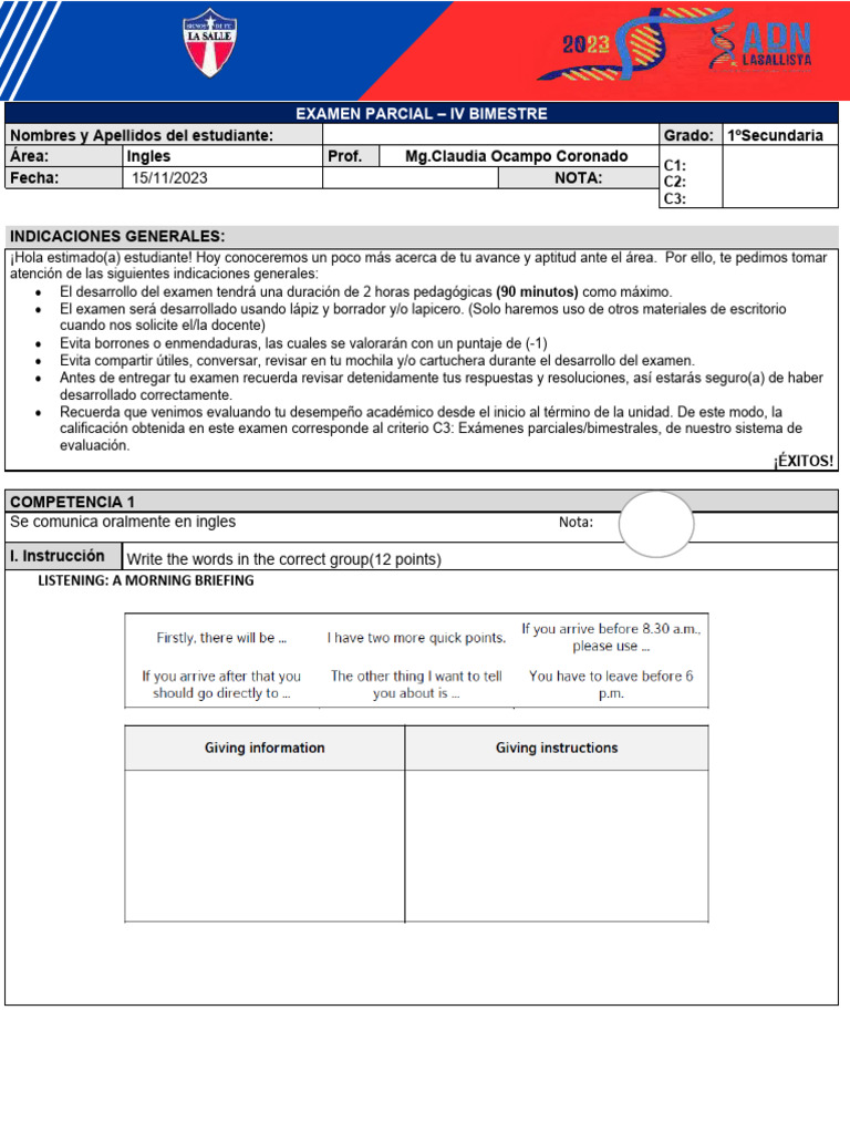 Examen Ingles Parcial IV Bimestre Secundaria | PDF | Datos | Psicología ...