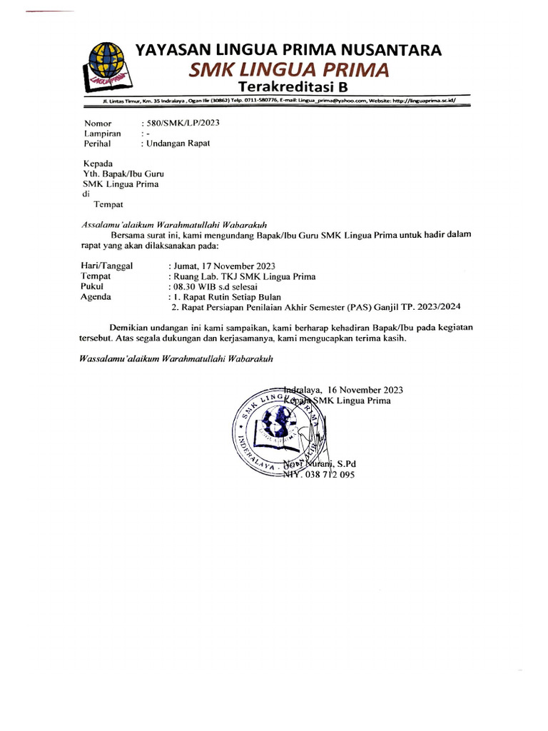 Undangan Rapat Guru Nov 2023 | PDF