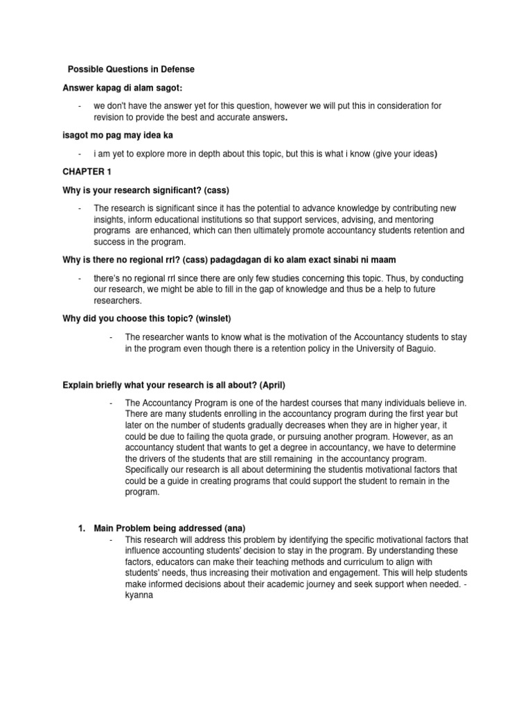 Possible Questions In Defense Pdf Analysis Of Variance Statistics