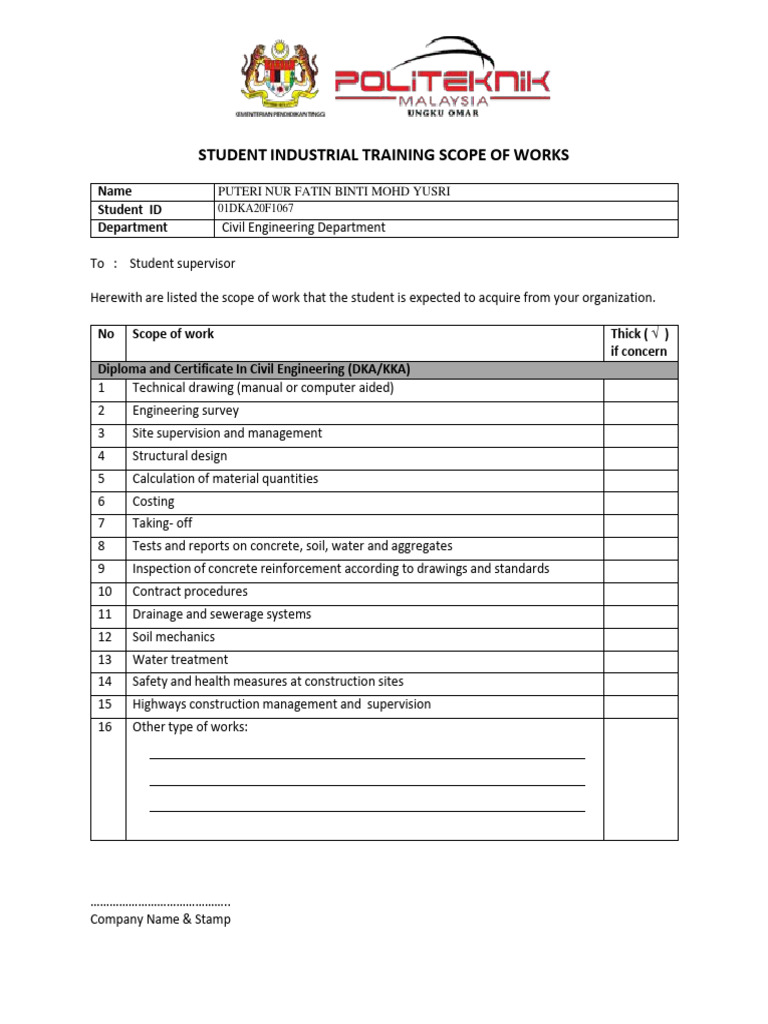 Industrial Training Scope of Works | PDF
