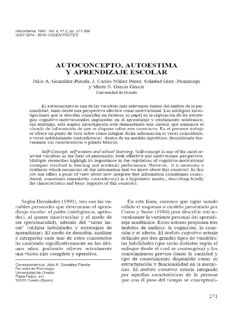 Vista de AUTOCONCEPTO, AUTOESTIMA Y APRENDIZAJE ESCOLAR - Psicothema | PDF
