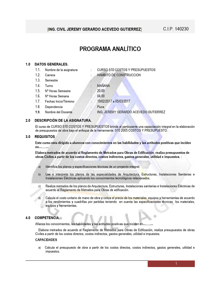 01 Curso Costos y Presupuestos en Accon | PDF | Presupuesto | Aprendizaje