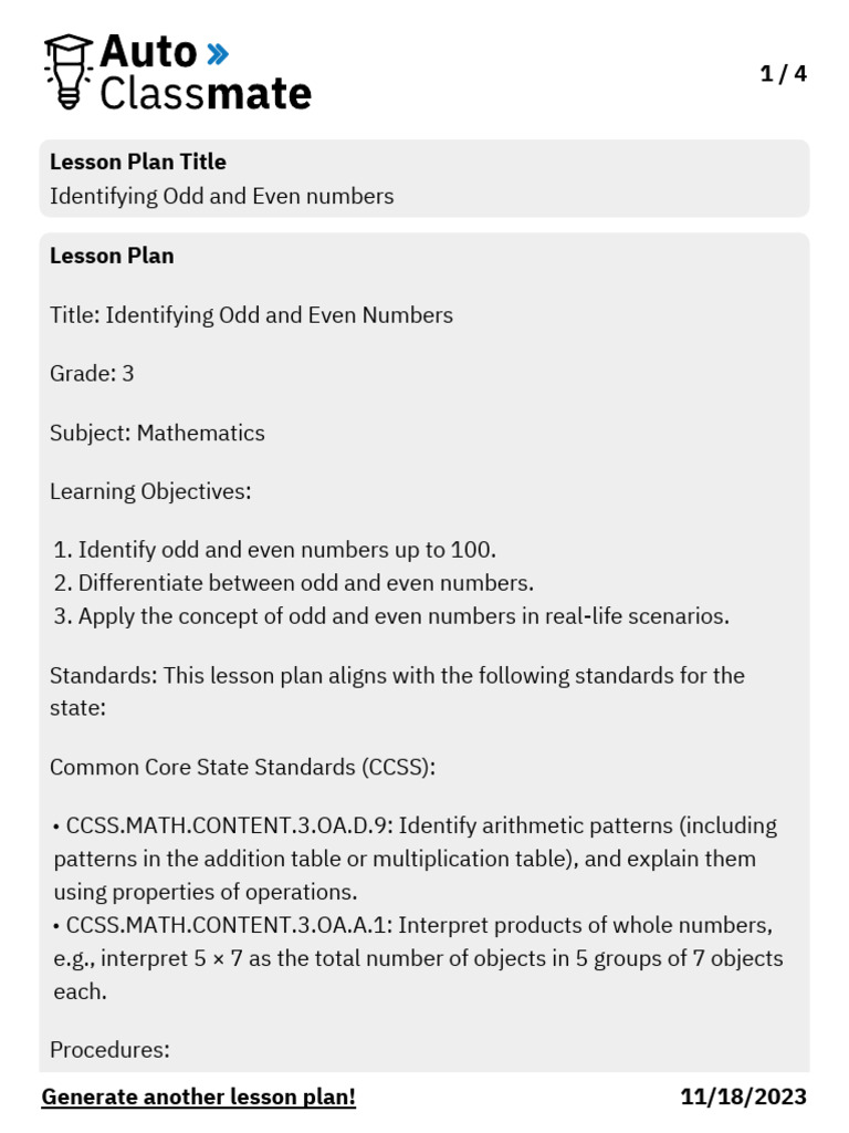 Odd and Even Numbers Lesson Plan | PDF | Mathematics | Neuroscience