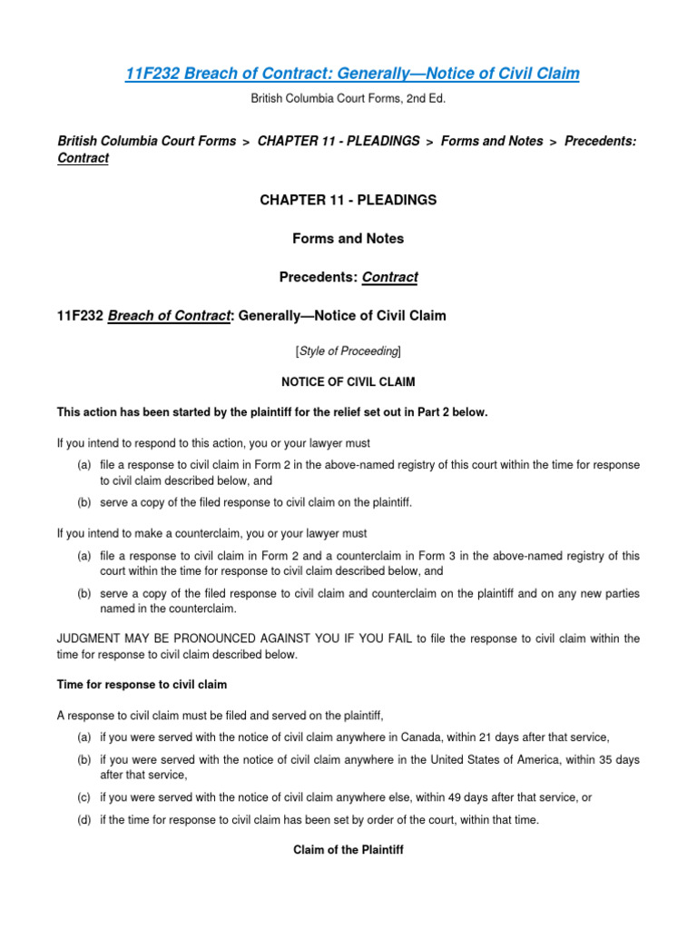 Notice of Civil Claim for Breach of Contract | PDF | Damages | Pleading
